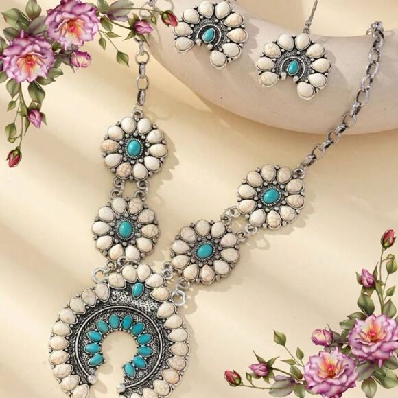 3pcs/set Vintage Style Fake Turquoise Necklace & Drop Earrings set - Picture 1 of 12
